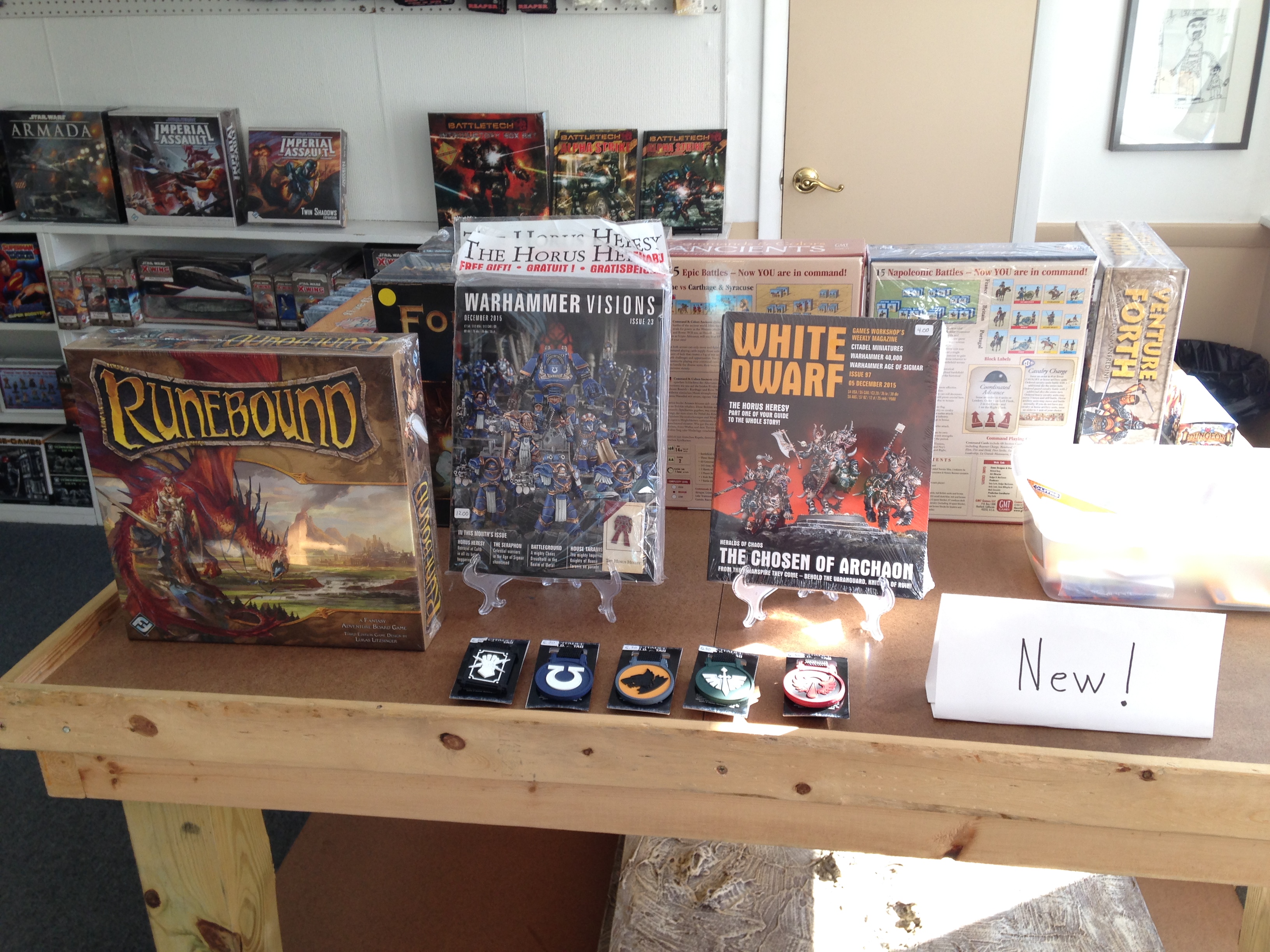New in the Store 12/5/15 GW I.D. Tags, Warhammer Visions #23, White Dwarf #97, and Runebound 3rd Edition